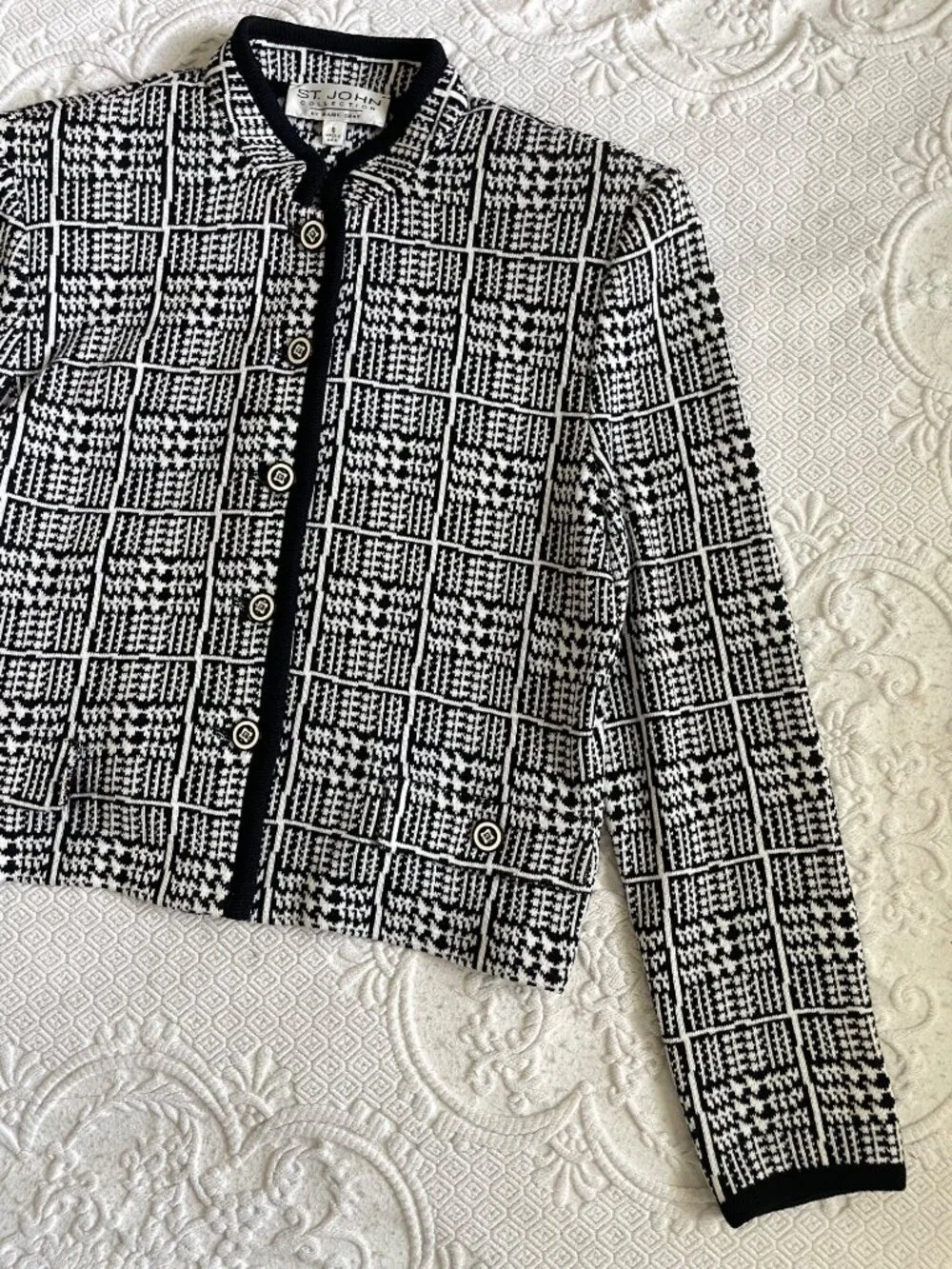 St. John Collection Old Money Abstract Houndstooth Black + White Knit Jacket 8